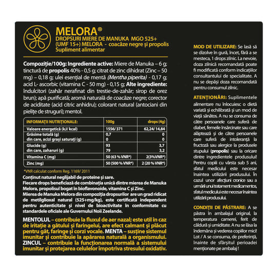 Dropsuri miere de Manuka MGO 525+ (UMF 15+) Melora - coacaze negre si propolis, 12 buc, 48g, naturale